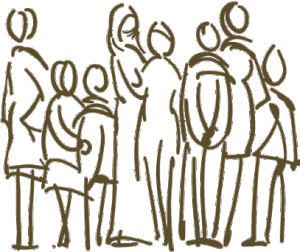 Line drawing of 8 human figures of varying ages: community